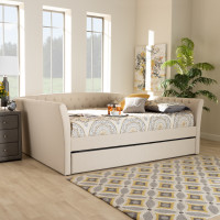 Baxton Studio CF9044-Beige-Daybed-F/T Delora Modern and Contemporary Beige Fabric Upholstered Full Size Daybed with Roll-Out Trundle Bed
